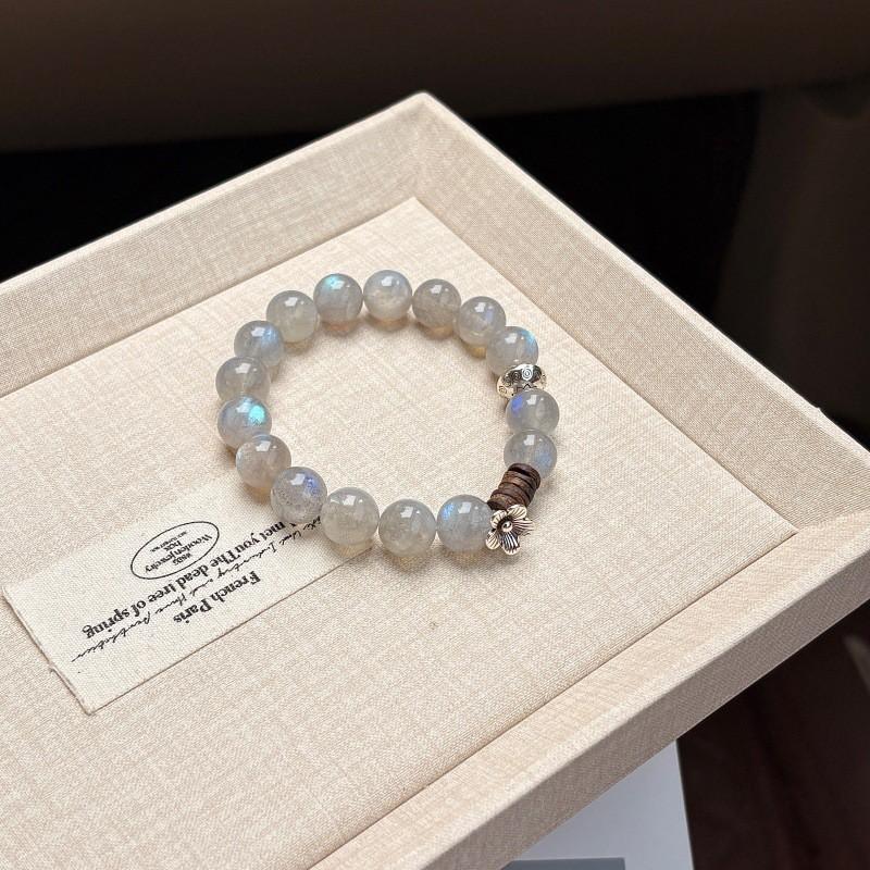 Handmade Gray Moonstone Crystal Bracelet With Agarwood Bead New Chinese Style Zen Womens Single Circle