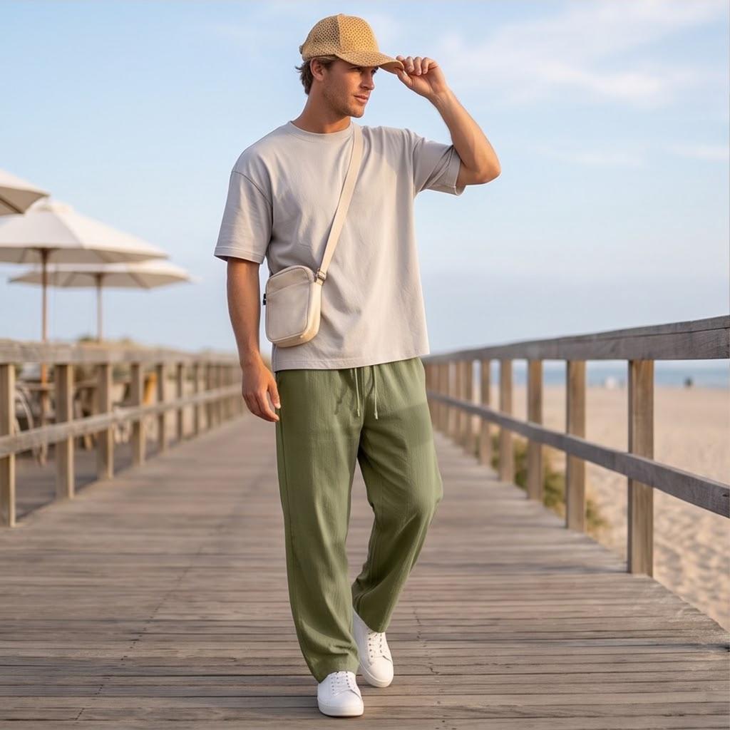 Men's Casual Wide Leg Pants, Loose Fit, Straight Leg, Color