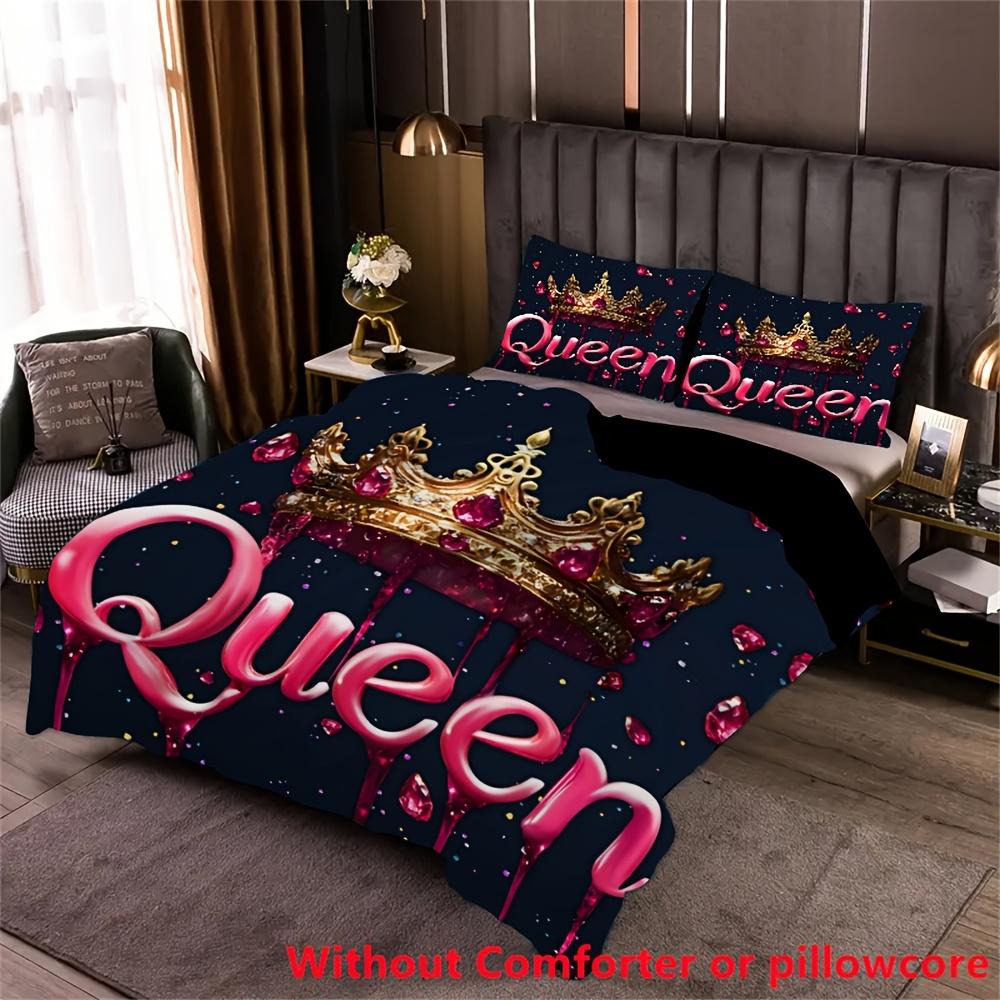 2/3Pcs Queen-Themed 3D Crown Pattern Duvet Cover Set (1 Duvet Cover + 1/2 Pillowcase, Without Core), Soft Digital Print, Fantasy