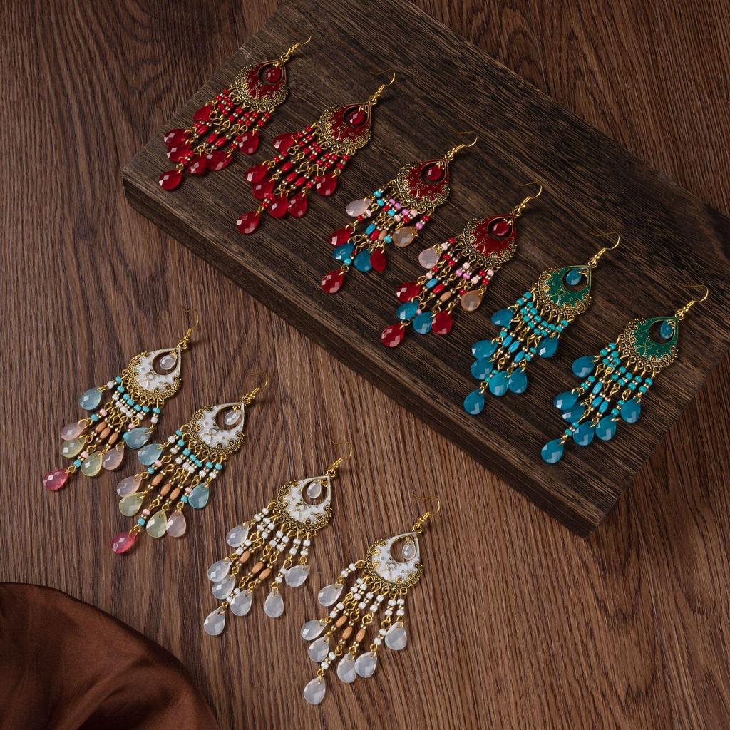 Bohemian Crystal Tassel Earrings - Vintage Ethnic Style Long Dangle for Women