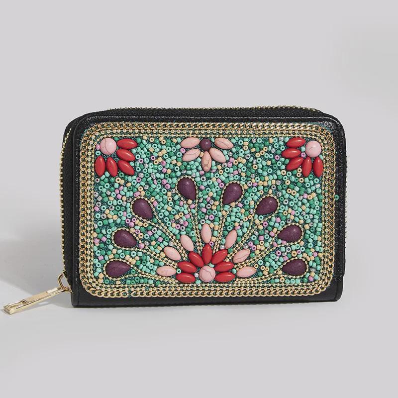 Bohemian Style PU Zipper Card Holder & Coin Purse with Butterfly and Flower Design