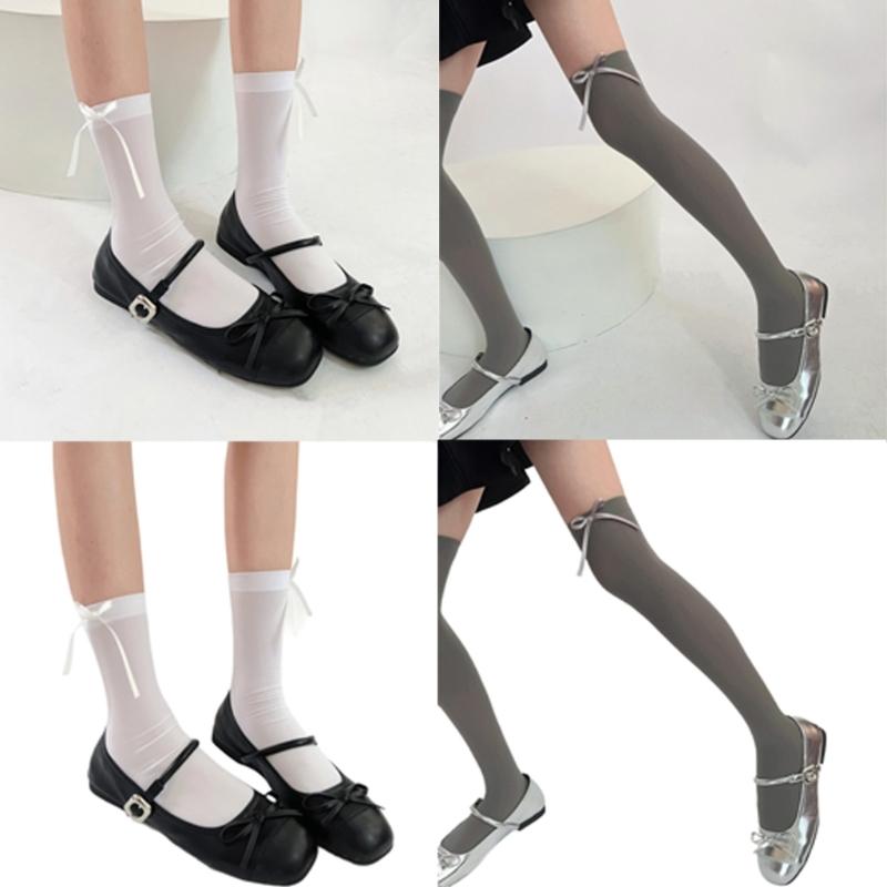 Ballett Elegante Samt Over-the-Calf Lange Socken für Damen Mädchen Süße Band Schleife Einfarbig Oberschenkelhohe Strümpfe