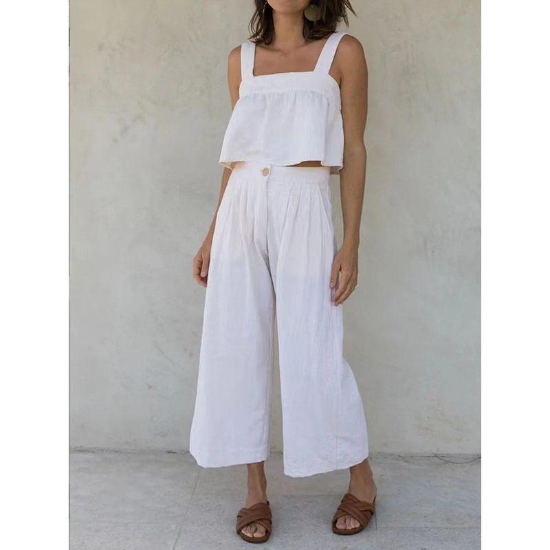 

Fashion Wind Summer New Arrival Square Collar Open Back Vest Pants Loose Outfit Tank Top and Pants Set White XL