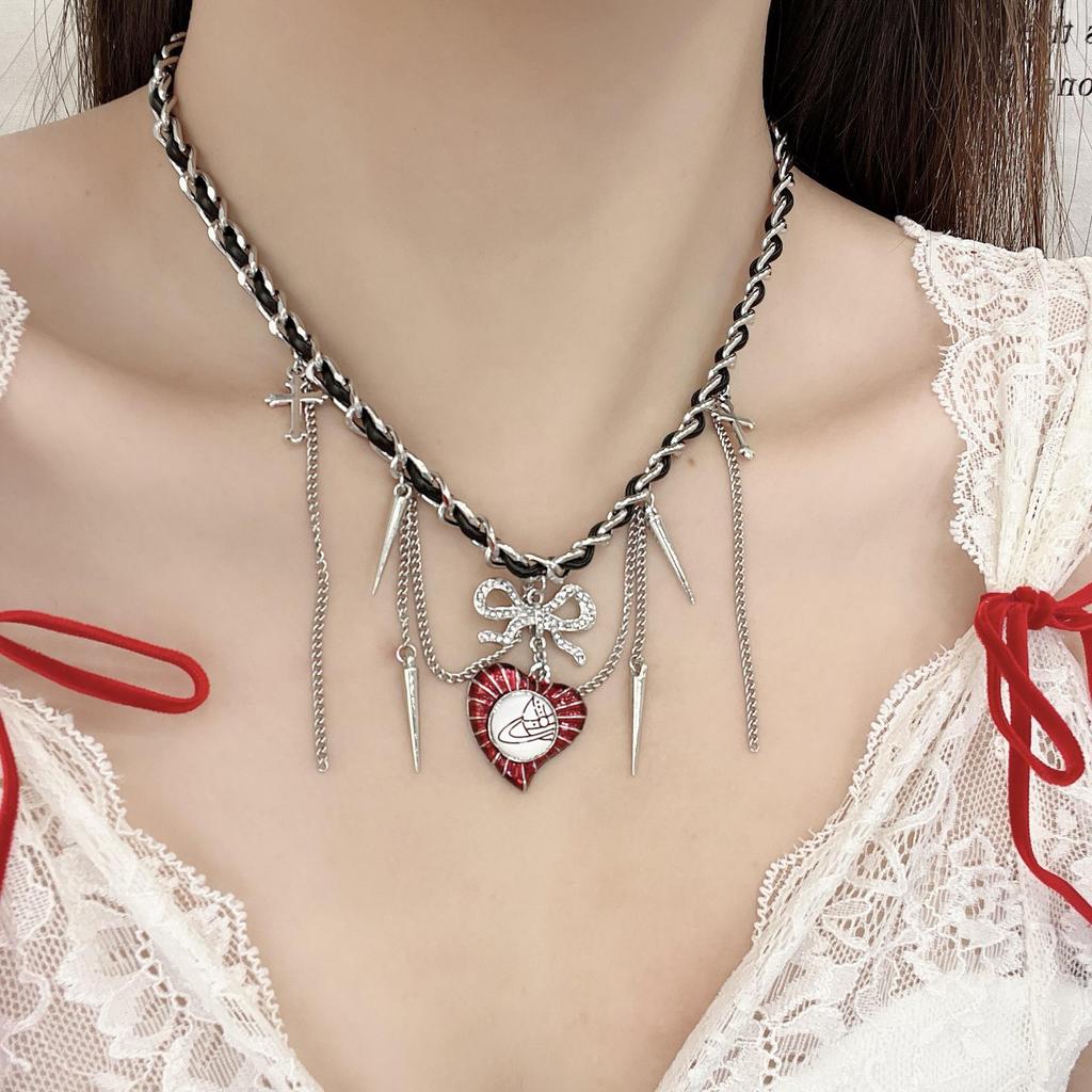 Queen Mother Saturn Pearl & Diamond Heart Necklace: Elegant High-End Sweet Cool Style with 3D Planet Design.