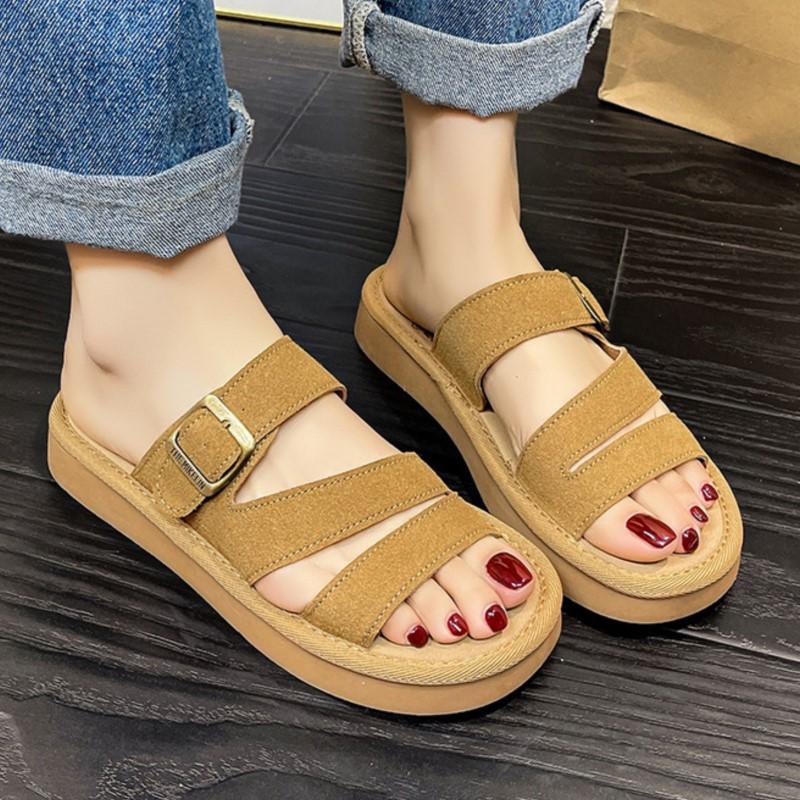 Fashion 2025 Women's Flat Thick Sole Sandals Non Slip One Buckle Summer Outdoor Slippers for Pregnant Women Casual Wear with Skirts