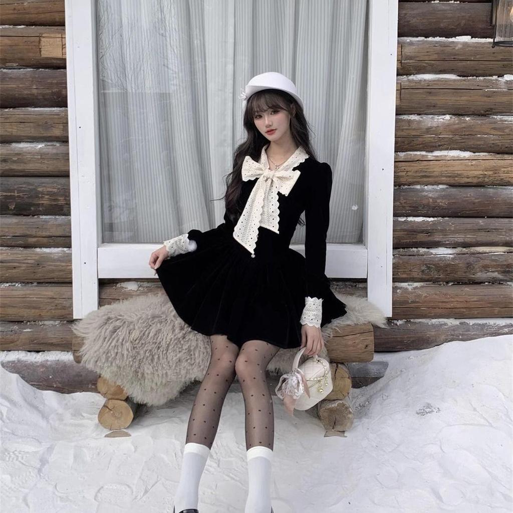 2025 Rich Girl Black Dress: Fragrant Style, Waist-Cinching Princess Dress for Autumn/Winter