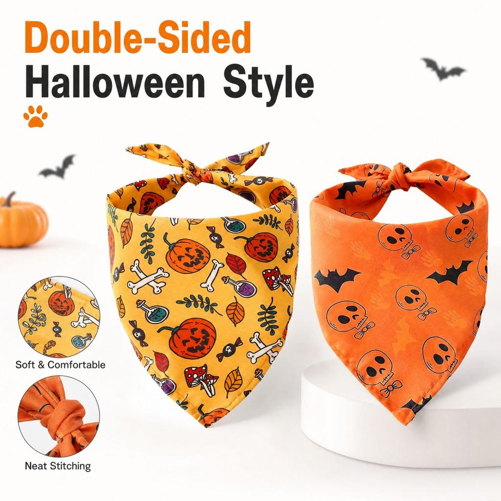 Haustier-Schal und Lätzchen-Set, 4 Halloween-verstellbare 2-teilige Halsband für Hunde und Katzen