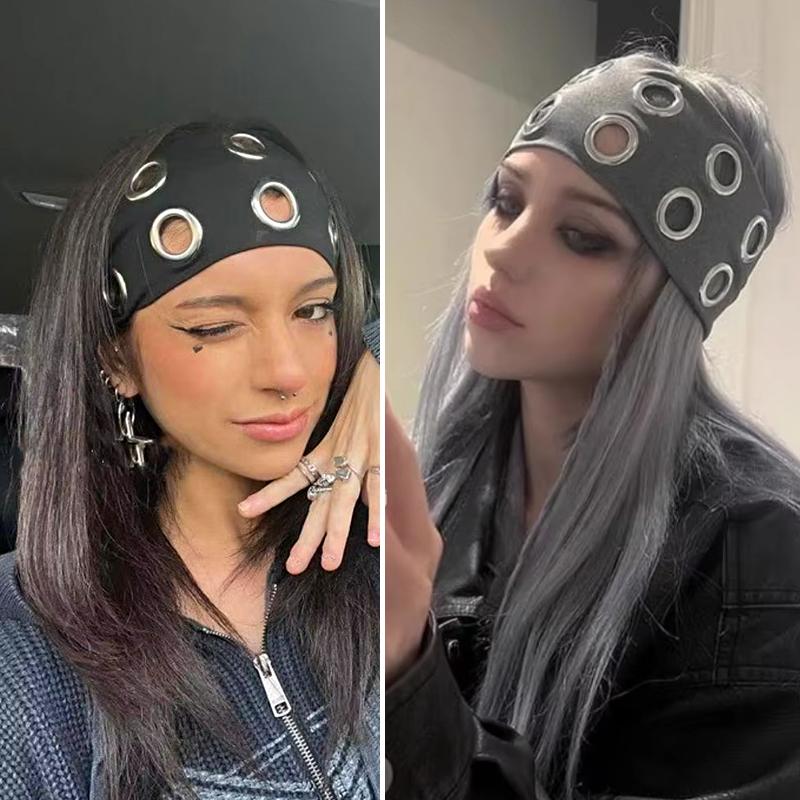 1PC With Metal Ring Cool Circular Cutout Design Fashion Headscarf Breathable Face-Washing Headband Dark Style Multicolor