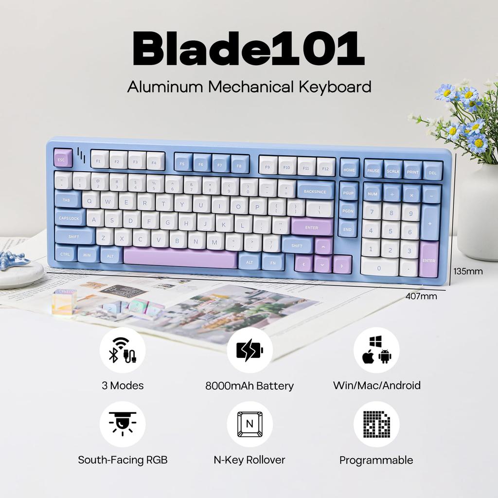 MechLands Blade101 Wireless Aluminum Gaming Gasket Mechanical Custom 8000mAh RGB NKRO for Keyboard, Keyboard, BT5.0/2.4GHz/USB-C, Hot-Swappable