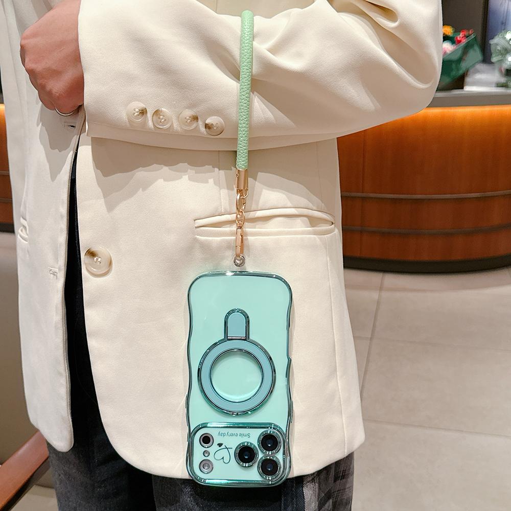 Wavy Frame Wrist Strap Phone Case for iPhone 17 Air 16 15 14 13 12 11 Pro Max Plus Silicone Soft Protective Cover Magnetic Stand