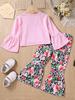 Girls Fashion Spring Autumn 2 Piece Sets Long Sleeve Letter Flared Cuff Pullover Top Flower Leopard Print Flared Pants Outfit
