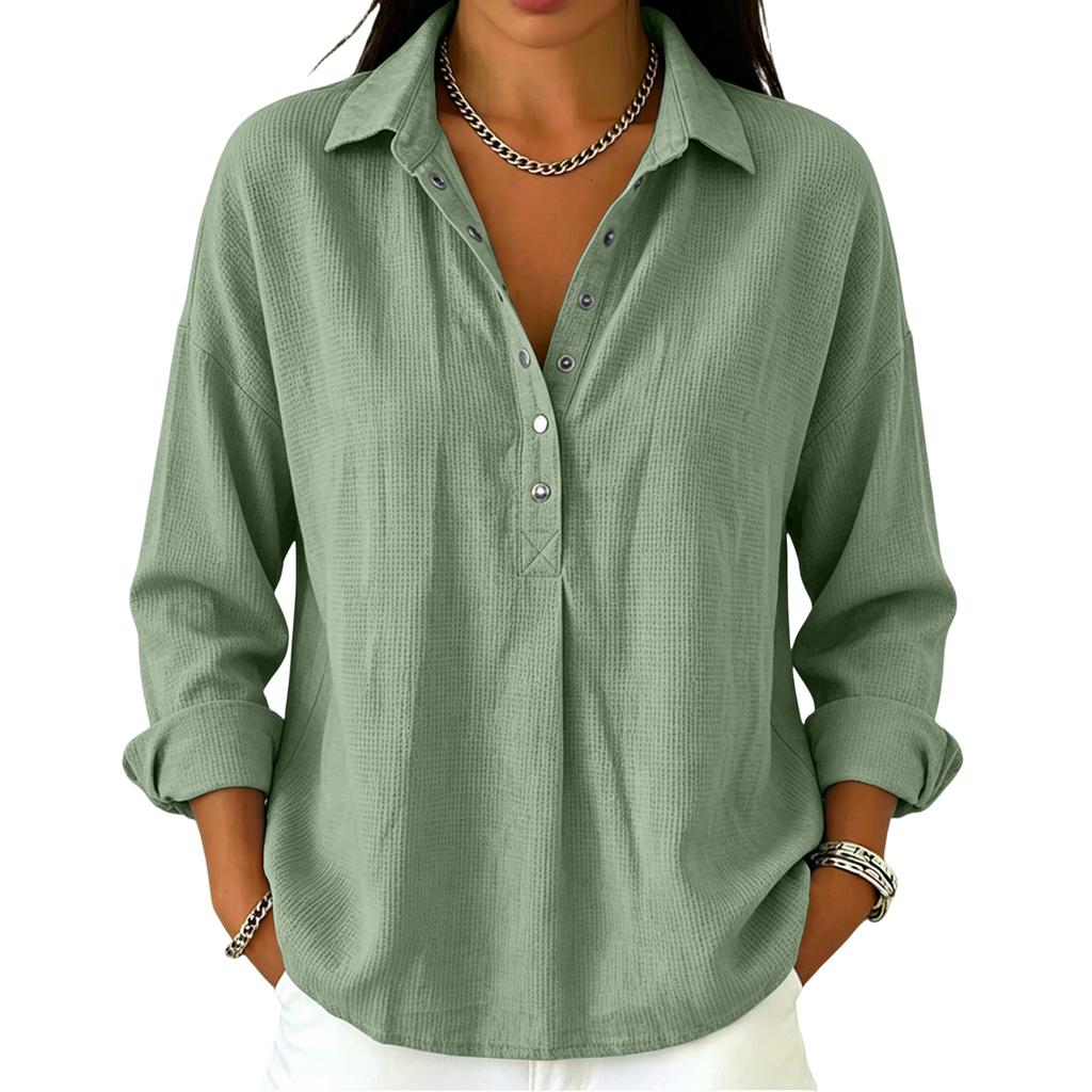 Women's Casual Long Sleeve Polo Shirt Button Front Waffle Texture Pullover Lightweight Relaxed Fit Top for Everyday Wear
