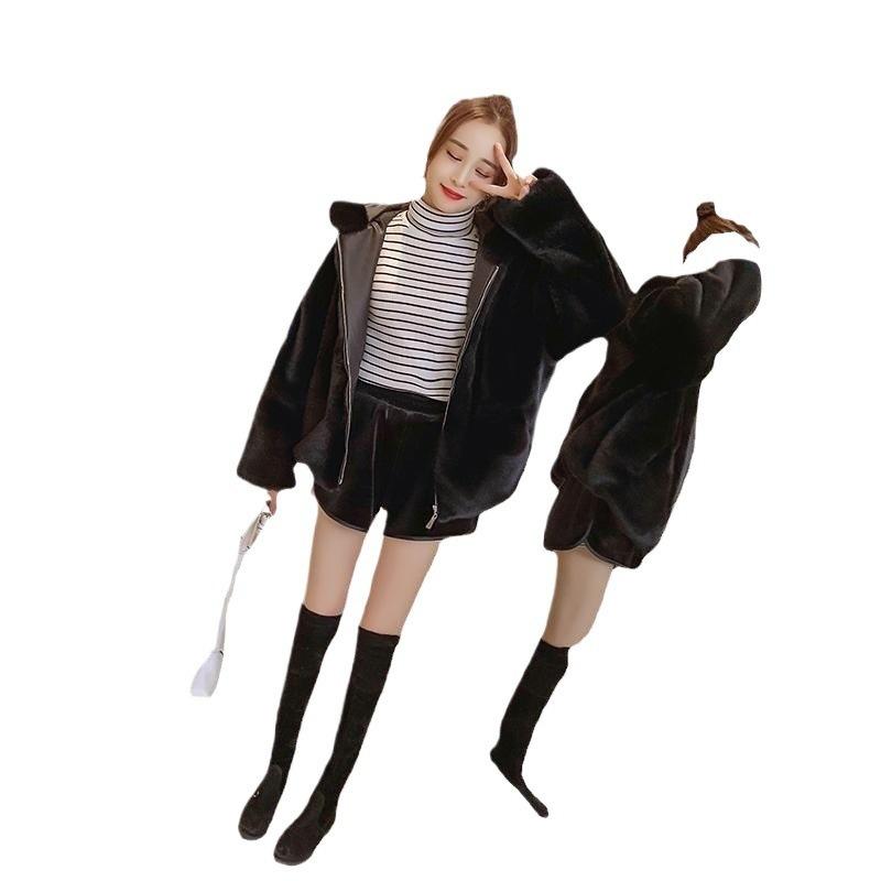 Imitation Fur Jacket Women's New Autumn and Winter Clothing Thickened Hooded Imitation Mink Plush Loose Short Imitation Rabbit Fur
