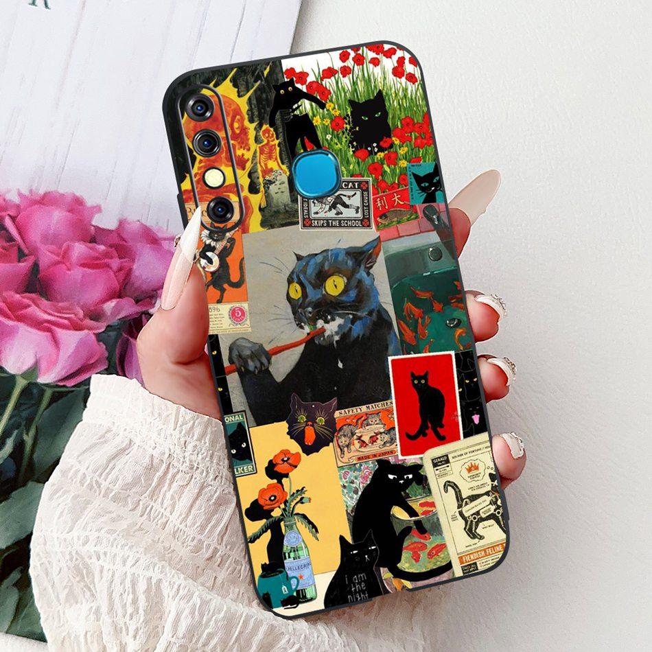 For Infinix Hot 8 Phone Case Hot 8 Lite Hot8 X650 X650C X650B X650D Elegant Floral Cat Pattern Black Silicone Soft TPU Cases