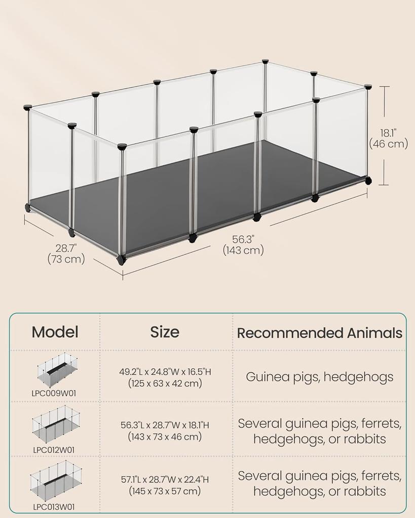 SONGMICS Pet Playpen with Floor, Removable Oxford Fabric Mat, Small Animal Enclosure, DIY Plastic Cage, Indoor Run for Hamsters, Rabbits, Hedgehogs