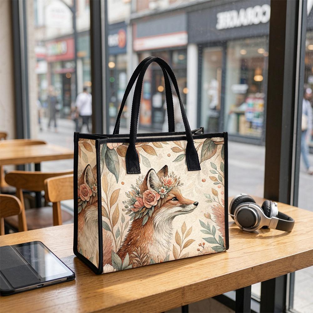 Floral Fox Print Tote Bag Casual Daily Carry Bag Lightweight Shoulder Bag for Shopping Travel