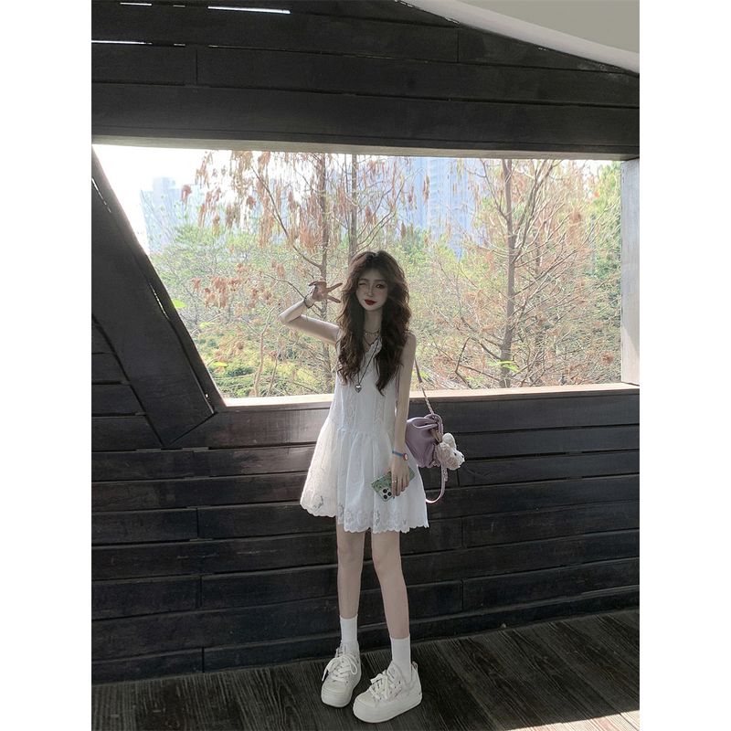 

Kumikumi Sweet and Spicy Style Patchwork Lace Vest One piece Dress Women clothing Summer Solid Temperament Heavy Industry A Word Short dress White L