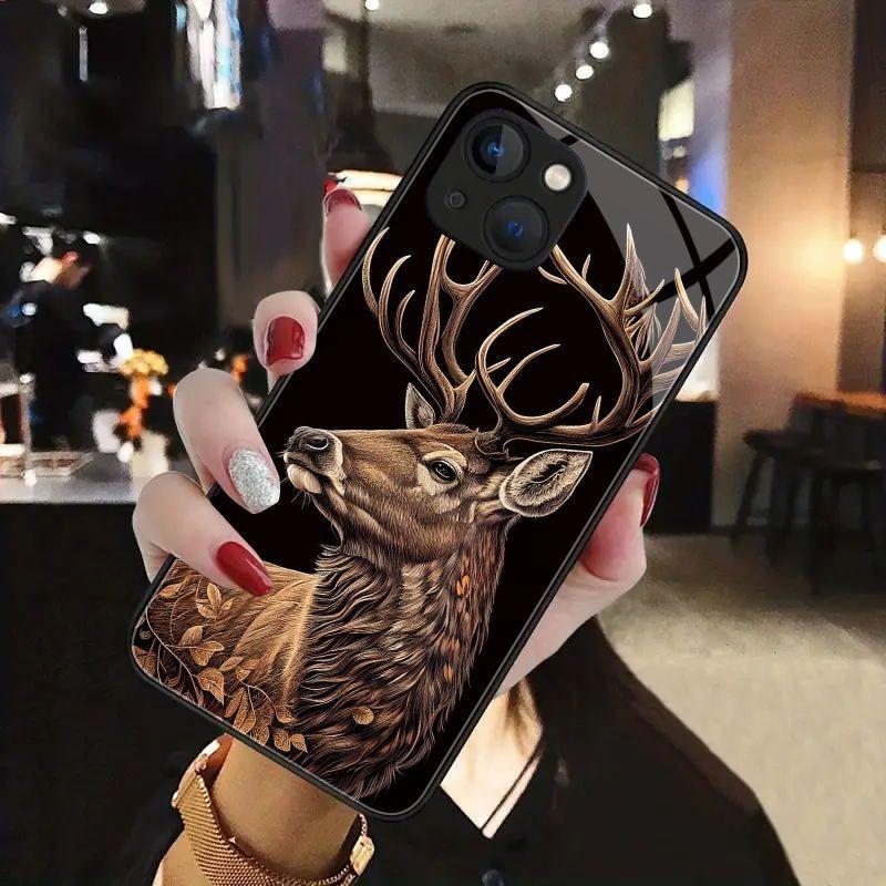 Cute Brown Deer Pattern Tempered Glass Black Phone Case For Samsung Galaxy S25 S24 S23 Ultra Plus FE Shockproof Cover