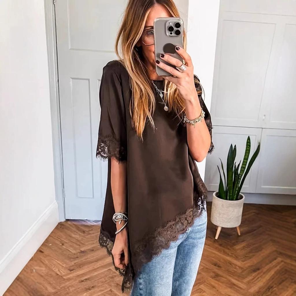 Women's Round Neck Short Sleeve Tee Loose Fit Casual Solid Lace Asymmetric Hem Blouse