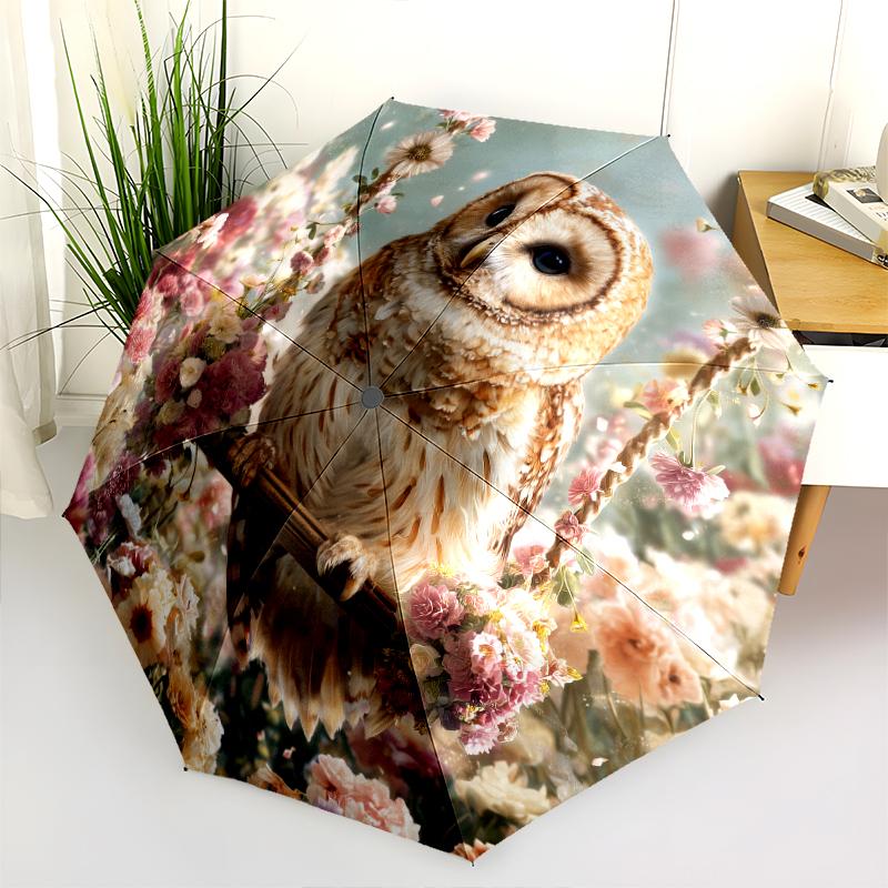 Owl and Flower pattern, automatic folding umbrella, portable and foldable design, 8 ribs, a Christmas or birthday gift.