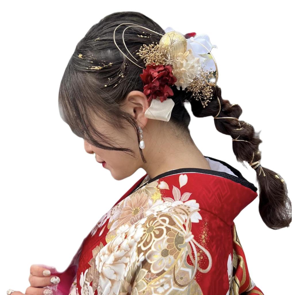 Dried and Preserved Flower Hair Ornament with Gold Japanese and Phalaenopsis Orchid Mizuhiki for and Japanese [Bria] Leaf, Balls, (red) Coming-of-age