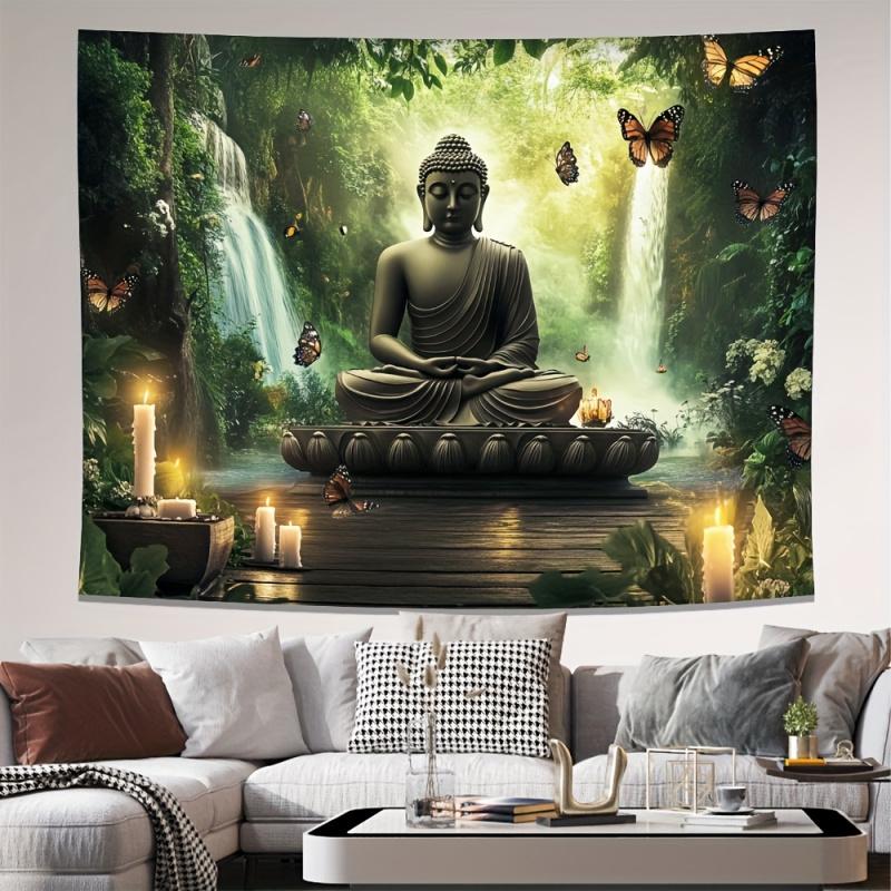 VIKAMA Zen Buddha Forest Waterfall Tapestry Yoga Meditation Decoration Hanging Cloth Living Room Bedroom Bedhead Wall Decoration