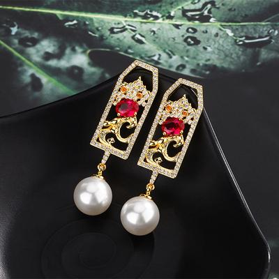 New Pearl Stud Earrings Jewelry, Gold Ribbon Will Change Color When Purple Light, Red Corundum Retro New Chinese Earrings, Women's.