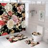 Butterfly Red Roses And Flowers Print Shower Curtain Set Anti-Slip Rugs Toilet Lid Cover Bath Mat  Bathroom Curtains Decoration