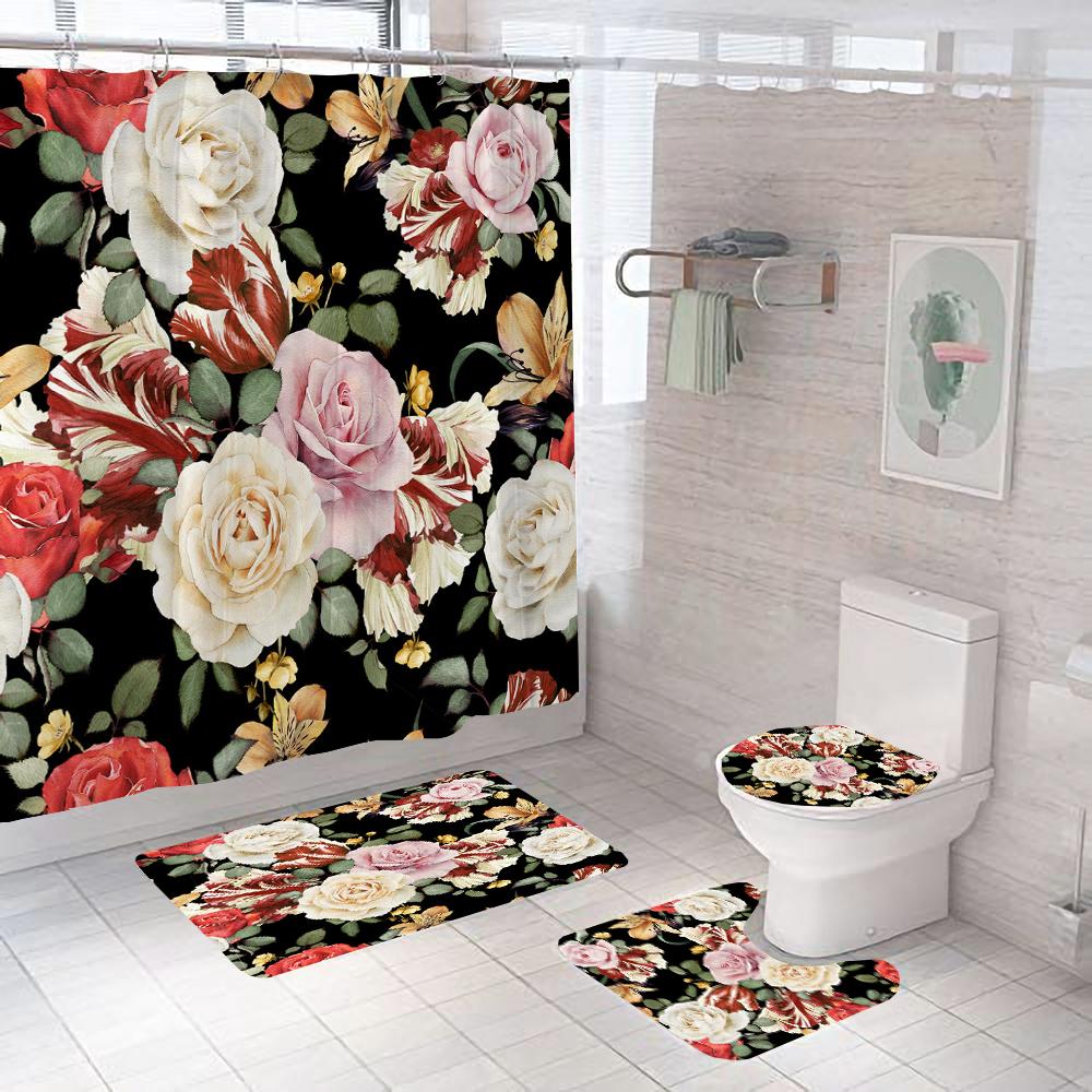 Butterfly Red Roses And Flowers Print Shower Curtain Set Anti-Slip Rugs Toilet Lid Cover Bath Mat  Bathroom Curtains Decoration