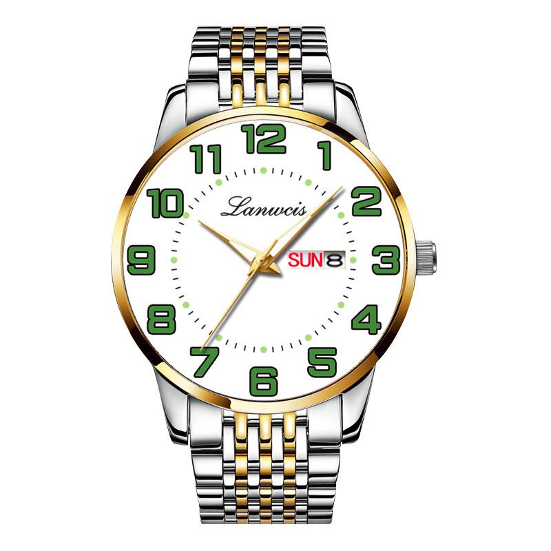 Men's Large Dial Digital Quartz Watch, Steel Band, Dual Calendar In English & Chinese, Waterproof - Ideal for Seniors