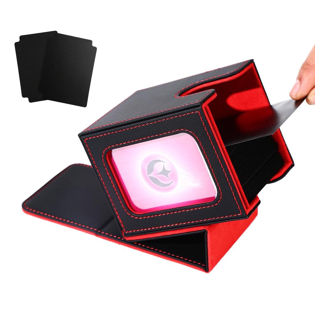 Venssu Deck Trading Card Case with Card Display Compatible with Card Holds 100 Vertical Includes Two Dividers and One Top Leather with Red Case,