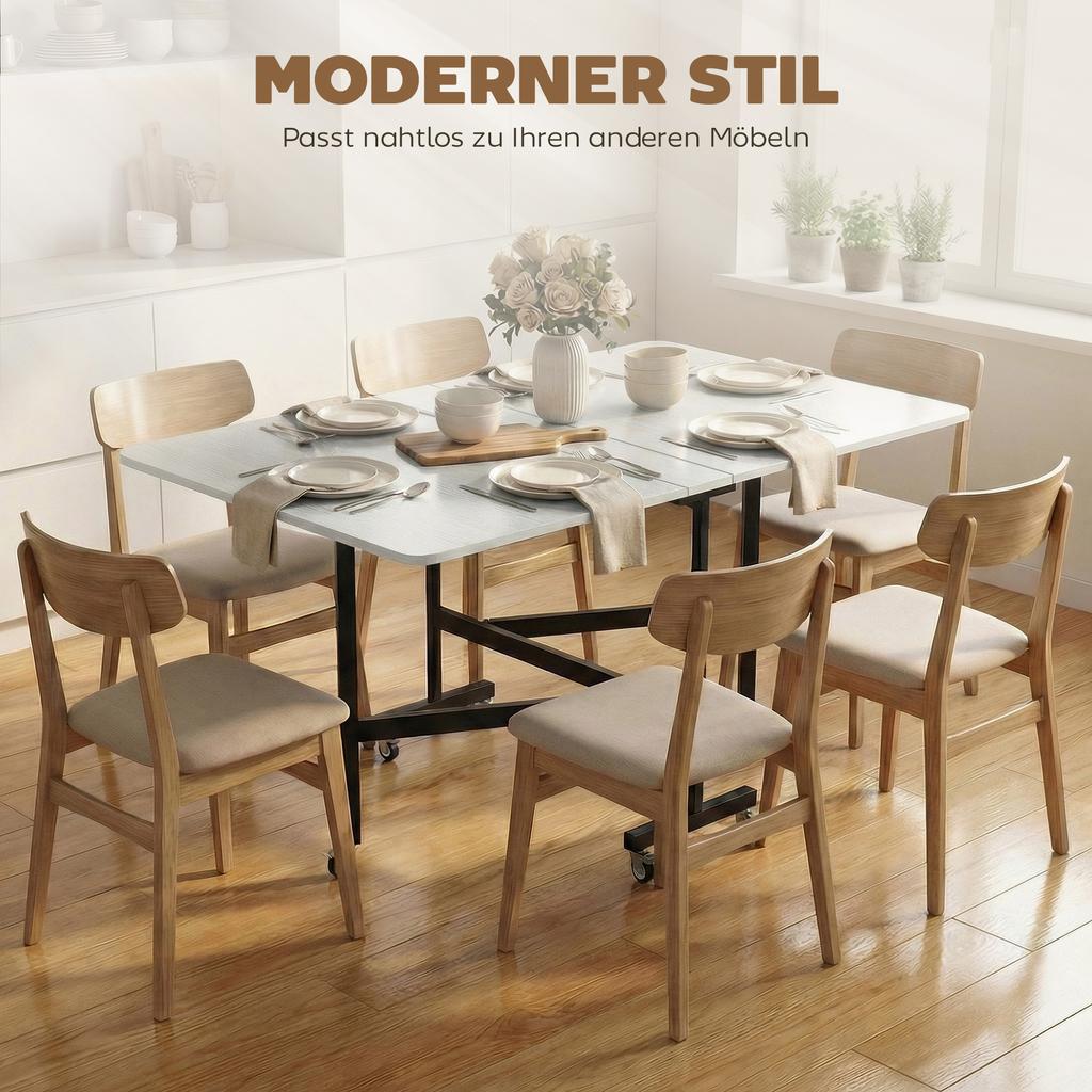 Mobile Folding Table with 6 Casters and Brakes, Foldable Kitchen/dining Table for Small Spaces, White