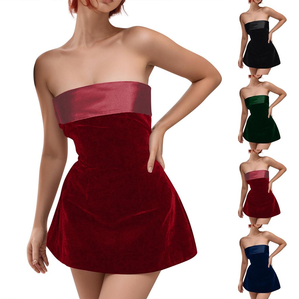 Ladies' Fashionable And Sexy Hot Girl Color One Neck Slim Fit Strapless Velvet Dress