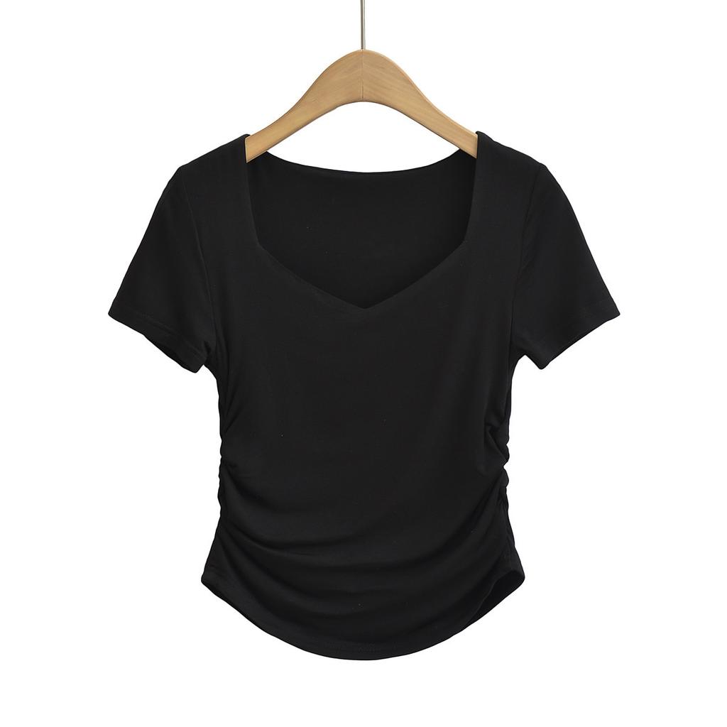 Summer new female pure desire Spice Girl peach heart neck double-layer pleated slim-fitting clavicle slim top short-sleeved T-shirt