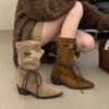 Retro Thick Heel Brown Suede Medium Tube Stacking Boots Women's 2025 New Temperament Thin Single Boots Thick-soled Western Boots