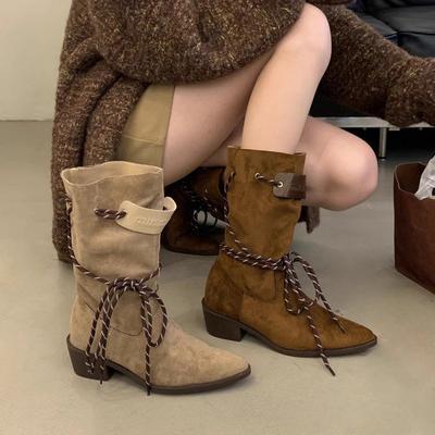 Retro Thick Heel Brown Suede Medium Tube Stacking Boots Women's 2025 New Temperament Thin Single Boots Thick-soled Western Boots