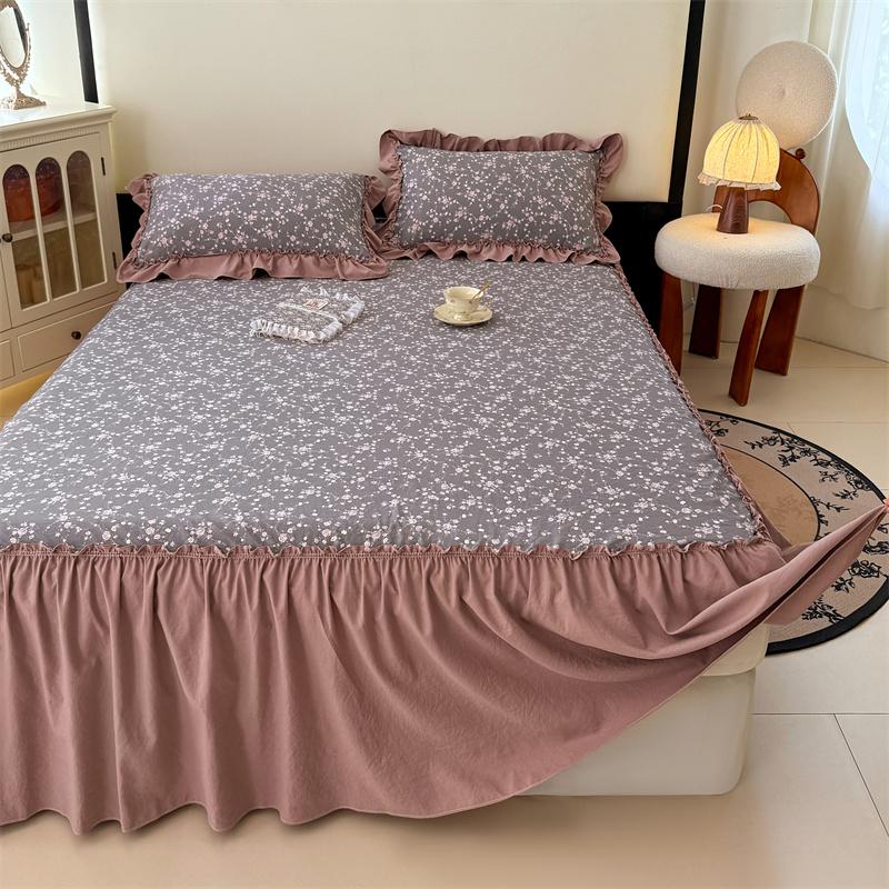 3pcs Bedding Simple Flower Bed Skirt With Pillowcases Wedding Bedspread Bed Sheet Mattress Cover Full Twin Queen King Bedsheets