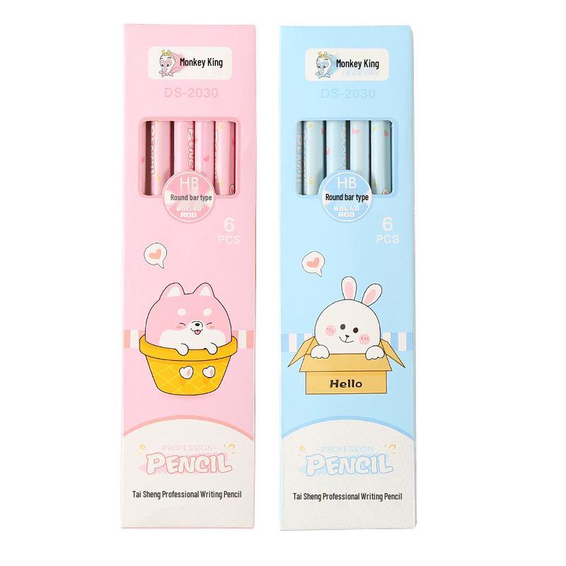 Great Sage Cartoon HB Pencil Set - 6 Poplar Round Rods, Cute Stationery for Elementary Students and Kids