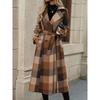 Women's Lapel Long Sleeve Maxi Wool Coat Loose Fit Double Breasted Overcoat With Self Tie Belt Plaid Solid Color Winter Outerwear
