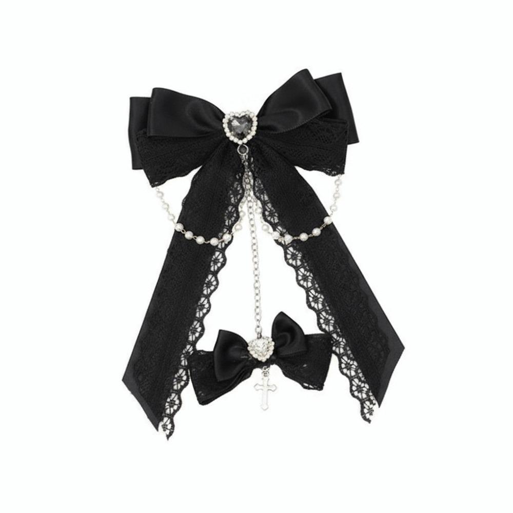 

Lace Design Gothic Hair Clips Chain Detail Rhinestone Decoration Lace Bow Hair Clips Cross Pendant Bow Shape Side Barrettes чёрный