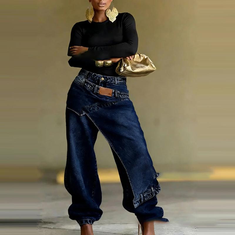 Five Fine Jeans Dames Vintage Wijde Pijpen Broeken Denims Gewassen Streetwear Patchwork Patches Rechte Broeken Slijtage Vloerlengte 2026 M