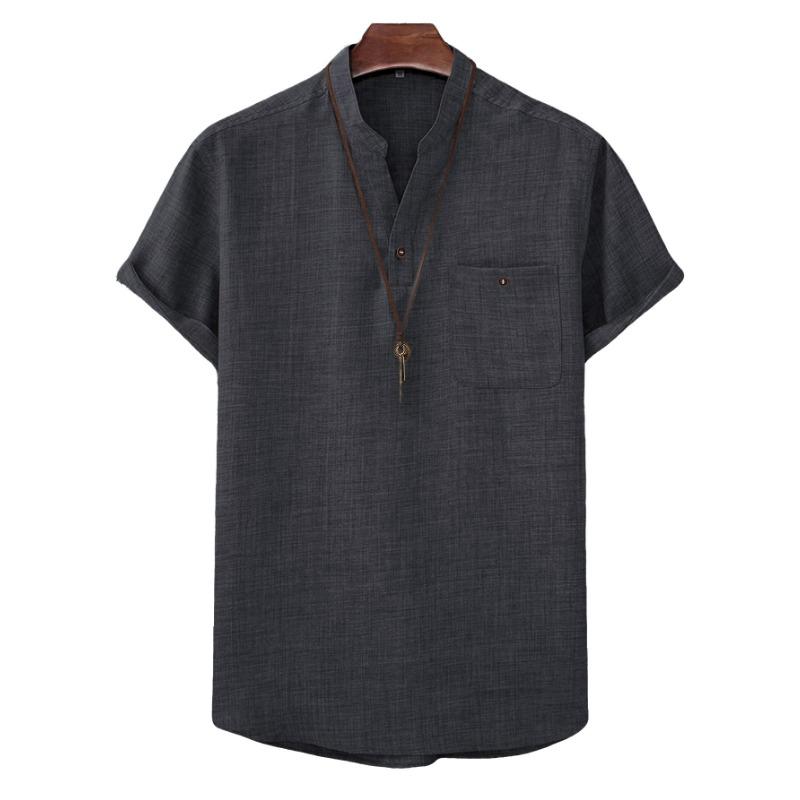 Herren Leinenmischung Henley-Kragen Tasche Kurzarm Lässig Strandurlaub Hemd