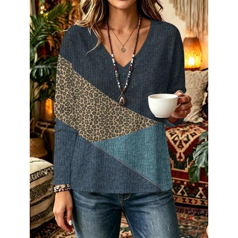 Autumn and Winter Women's Long-sleeved V-neck T-shirt