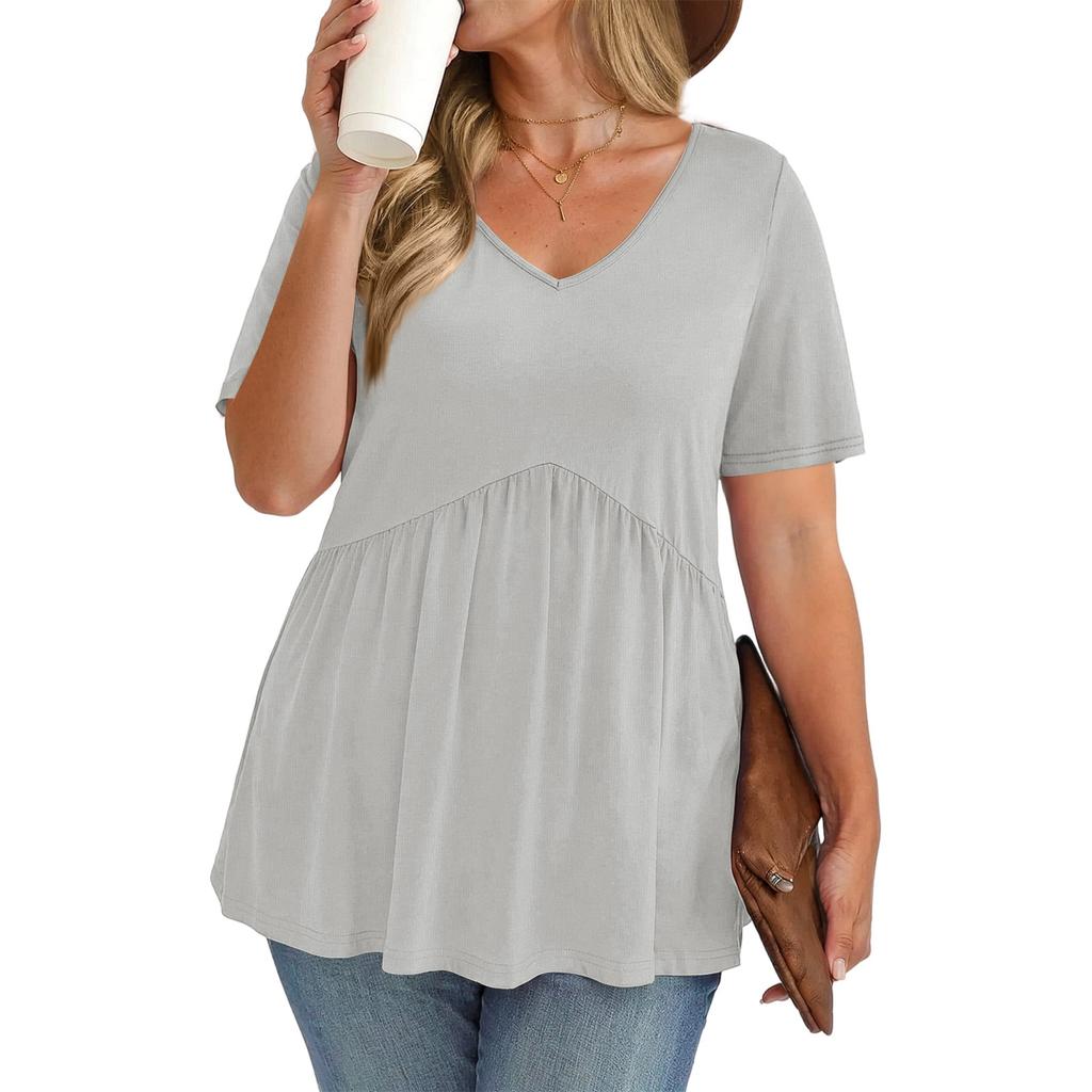 Women's Plus Size Fashionable Casual Loose-Fit V-Neck Short-Sleeve Top