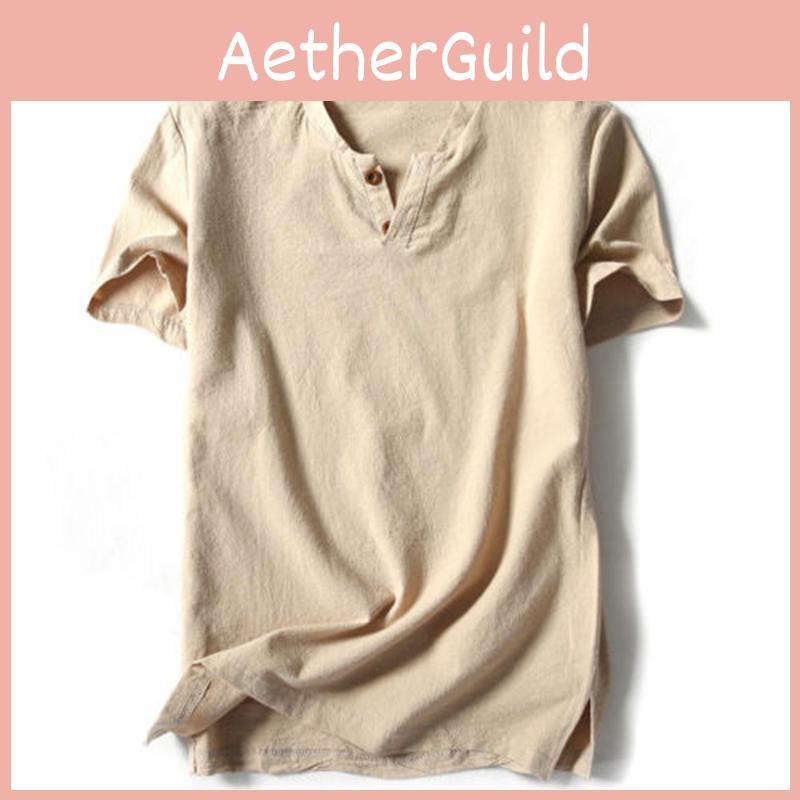Premium Quality Men Brief T-shirt Summer V-neck Cotton Linen Blouse Top Tee Shirt Plus Size