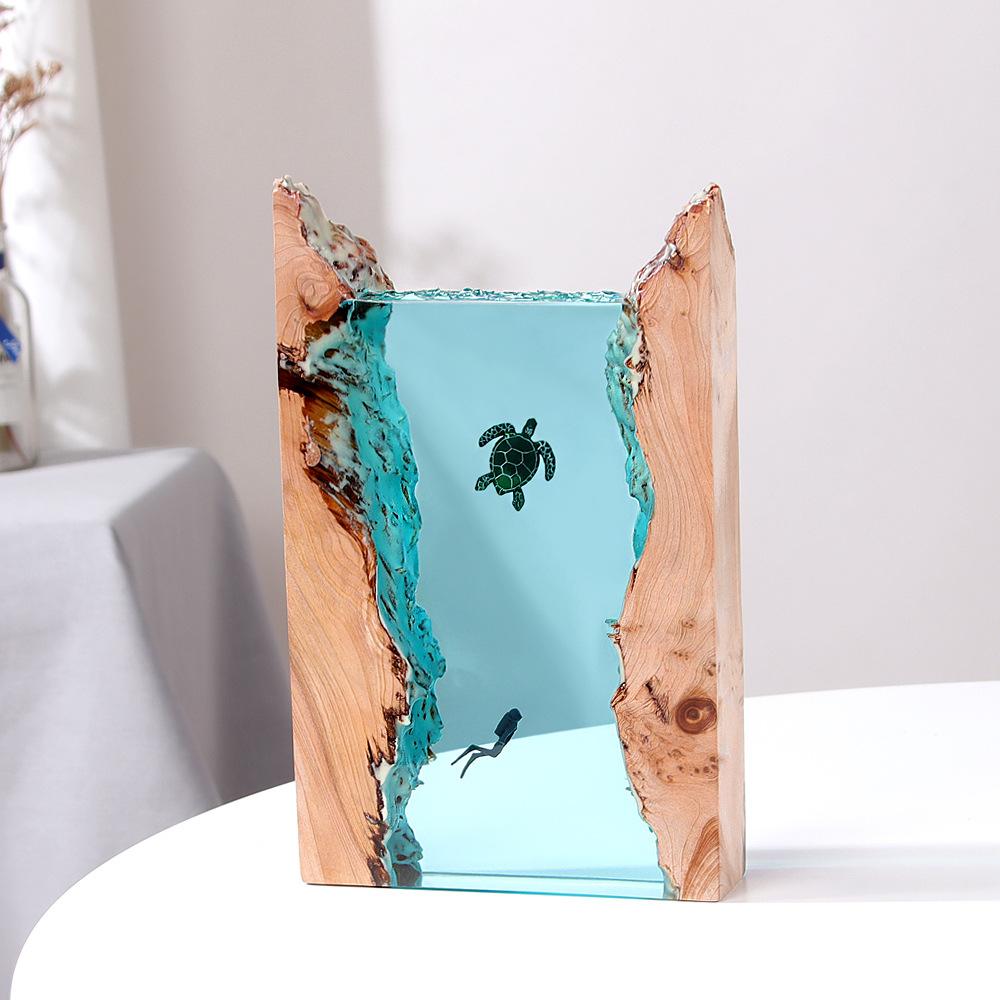 Handmade Solid Wood & Resin Sea Turtle Cube Night Light, Ocean Animal Desk Lamp, Bedroom Office Home Decor Art Craft Gift