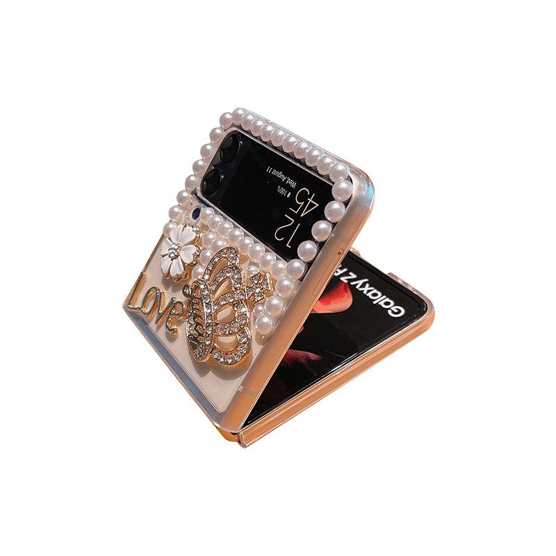 Applicable To Samsung Zflip4 Transparent Mobile Phone Case Three-Dimensional Rhinestone Flower Light Luxury Crown Wind Zflip3 Niche