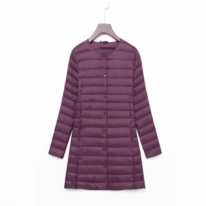 New down jacket women's light, medium and long fashion and thin white duck down button-down round neck warm jacket