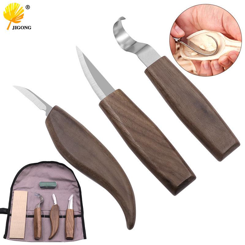 Wood Carving Tool Set: Walnut Handle, Curved & Straight Knives, Ideal for Woodworking & Hand Carving.