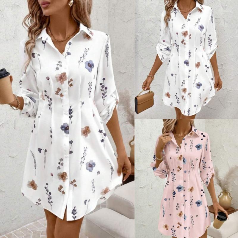 Autumn Fashion Elegant Floral Print Lapel Long Sleeve Dress Women's Clothing